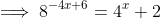 \implies 8^{-4x+6}=4^x+2